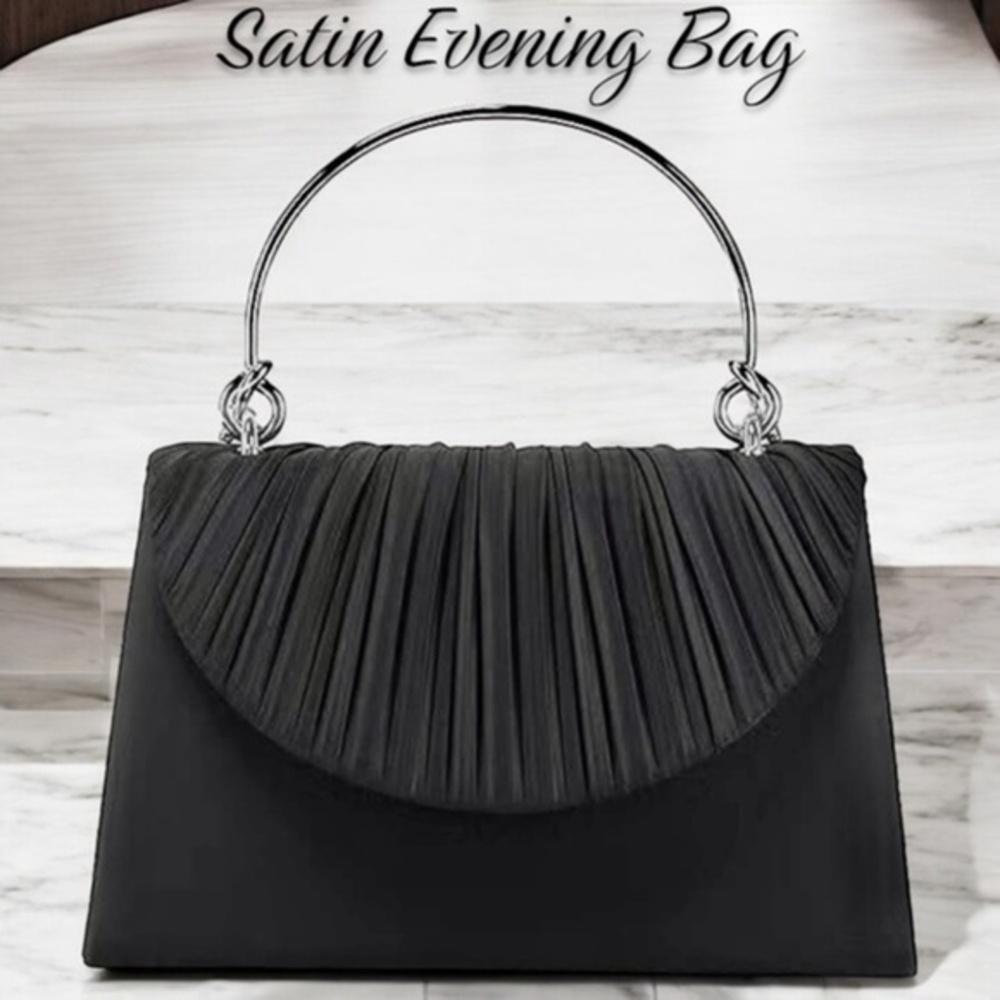 🔺SOLD🔺Black Satin Pleated-Flap Metal Handle Retro Evening Bag w/Detachable Strap - Picture 1 of 14